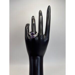 Silver Tone Bypass Wrap Fashion Ring Faux Amethyst & Clear Rhinestones Size 8